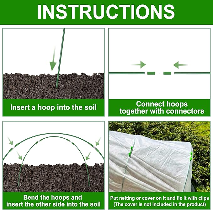 FOTMISHU Garden Hoops for Raised Beds Row Cover,6 Sets 5.6ft Grow Tunnel,Rust-Free Fiberglass Greenhouse Support Hoops Frame for Garden Mesh Netting, Outdoors Plant Growth -24PCS
