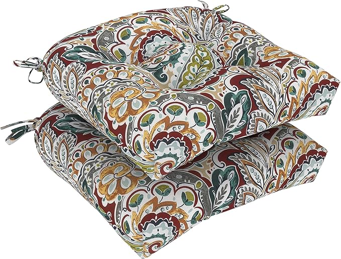 DYTXIII Set of 2 Outdoor Chair Cushions 19"x19"x4", Water Repellent Tufted Patio Seat Cushions with Ties, Thick Replacement Pads for Wicker Dining Chairs, Patio Furniture, Paisley Chilli