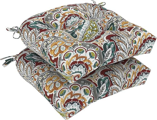DYTXIII Set of 2 Outdoor Chair Cushions 19"x19"x4", Water Repellent Tufted Patio Seat Cushions with Ties, Thick Replacement Pads for Wicker Dining Chairs, Patio Furniture, Paisley Chilli