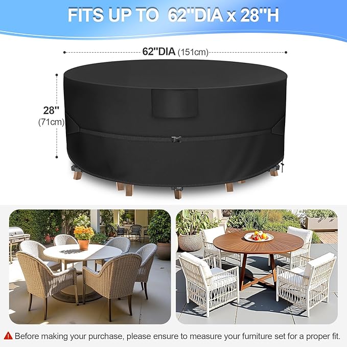 Outdoor Furniture Cover, Heavy Duty Round Outdoor Table Cover, Patio Furniture Covers Waterproof, 62"Dia x 28"H, Black
