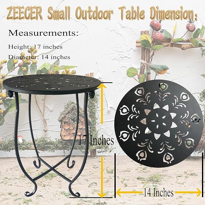 Outdoor Side Table, 14-inch Small Round Metal Patio Table with Flower Cut-Out Design, Modern Rust-Proof Portable End Table Patio Side Table for Outside Garden Balcony Yard & Indoor Use 1 Pack