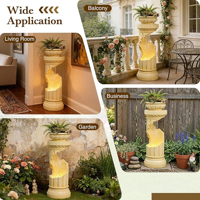 Sunlinua Outdoor Water Fountain with LED Light, Modern Spiral Tiered Outdoor Fountain with Stone Planter Curved Freestanding Waterfall Fountains for Garden Patio Deck Porch