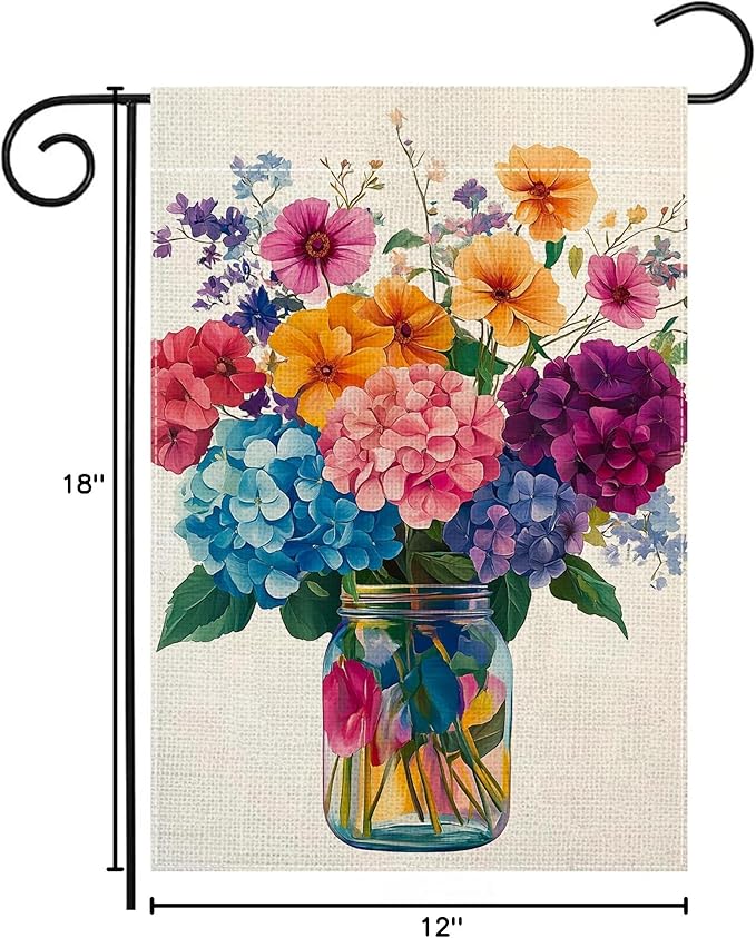 Spring Summer Colorful Floral Mason Jar Garden Flag 12x18 Inch Double Sided Hydrangea Flower Yard Outdoor Flag House Holiday Outside Decoration