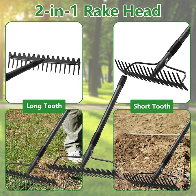 49 inch Bow Rake, 2-in-1 Metal Garden Lawn Rake for Weeding Digger Loosening Soil Raking Leaf Leveling Rocks Spreading Mulch Gravel 17 Tines Adjustable Garden RakeBow Rake
