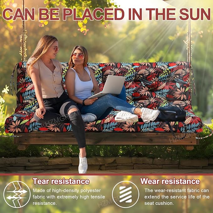 Premium 5" Thick Waterproof Outdoor Swing Cushions Sturdy Durable 2-3 Seat Replacement Porch Swing Cushions with Backrest&Ties Bench Cushion for Outdoor Furniture Backyard Patio (Flower01)