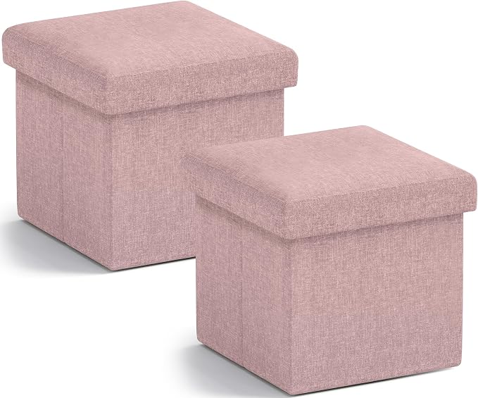 Ornavo Home Small Square Storage Ottoman, Set of 2, 12x12x12, Pink | Foldable Collapsible Linen Cube Design; Foot Rest Stool Seat; Ideal for Living Room, Bedroom, Home Office or Dorm