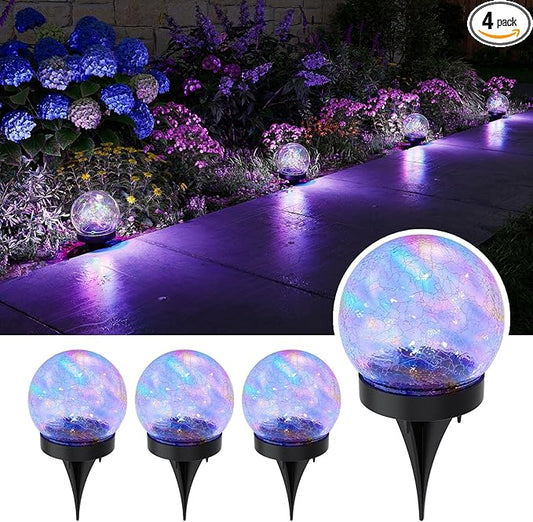 4 Pack Multicolor Solar Powered Cracked Glass Ball Lights Outdoor Waterproof LED RGB Ambiance Orbs Lamps for Outside Garden, Patio, Table, Walkway, Stairs, Lawn, Landscape Decor with Durable Stakes