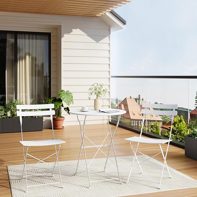 GarveeLife 3-Piece Folding Bistro Set, Foldable Patio Furniture Set with Premium Frame, Outdoor Bistro Table and Chairs Set of 2 for Patio, Garden and Balcony, White