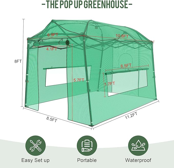 11 x 8.5 ft Portable Pop-up Walk-in Greenhouse, Portable Pop-up Green House 3 Adjustable Height Heavy Duty Plant Gardening Canopy with Durable PE Cover for Indoor Outdoor