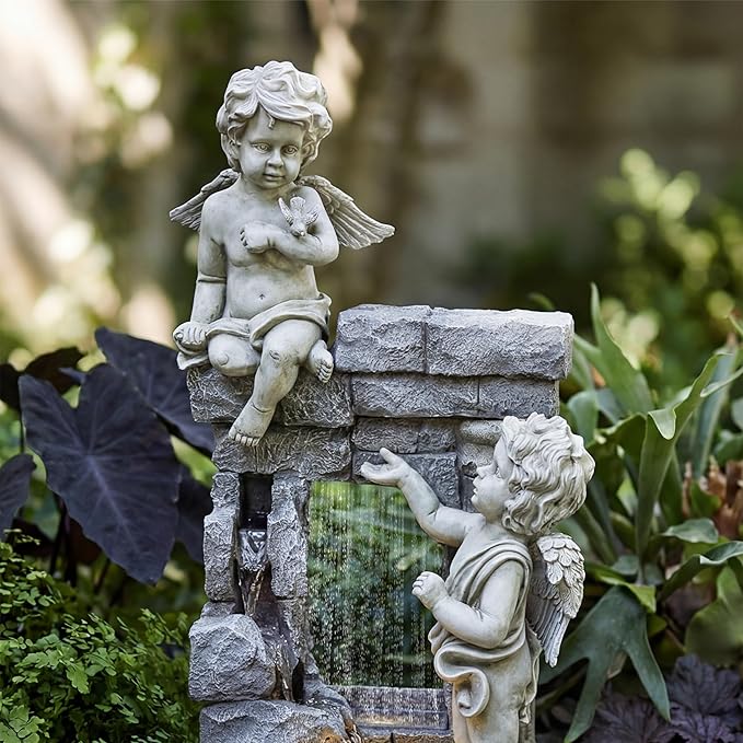 41-Inch Outdoor Water Fountain with Angels Statues, Cascading Stone-Look Resin Waterfall Fountain with 2 Warm LED Lights, Home Art Decor for Garden, Patio, Yard, Balcony, Deck, Lawn in White