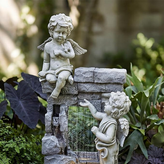 41-Inch Outdoor Water Fountain with Angels Statues, Cascading Stone-Look Resin Waterfall Fountain with 2 Warm LED Lights, Home Art Decor for Garden, Patio, Yard, Balcony, Deck, Lawn in White