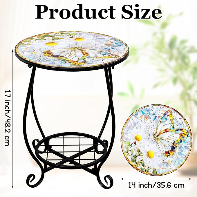 Outdoor Patio Side Table - 14" Metal Small Round Coffee Tables, Flower Butterfly Style Accent Stand End Snack Desk for Indoor Outside Balcony Yard Porch Bedside Poolside Garden Home Decoration