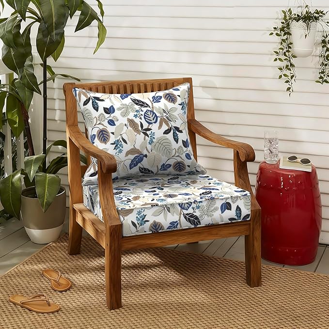 LVTXIII Outdoor Deep Seat Cushion Patio Seat and Back Cushion Set Seasonal Chair Cushion with Removable Cover and Adjustable Buckle for Home and Garden, 22"x22"x4", Breeze Leaves Beige