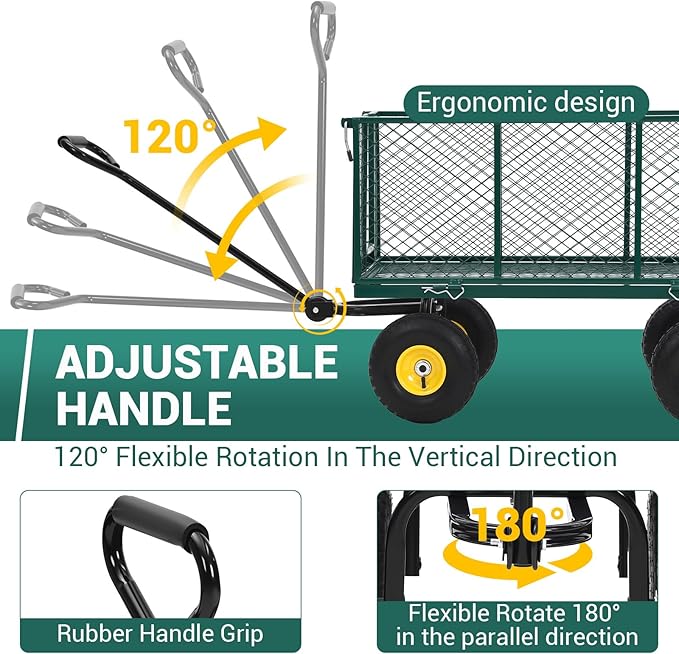 Heavy Duty Steel Garden Cart, 1100 LBS Pullable Metal Garden Wagon with 10 in Wheels, 180° Rotating Handle and Removable Sides for Outdoor, Farm, Yard, Beach ﻿