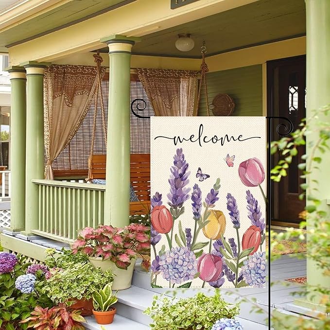 Spring Summer Tulips Hydrangeas Welcome Garden Flag 12 x 18 Inch Double Sided, Lavender Floral Butterflies Burlap Small Yard Flag Holiday Farmhouse Flags for Patio Outdoor Outside Decoration