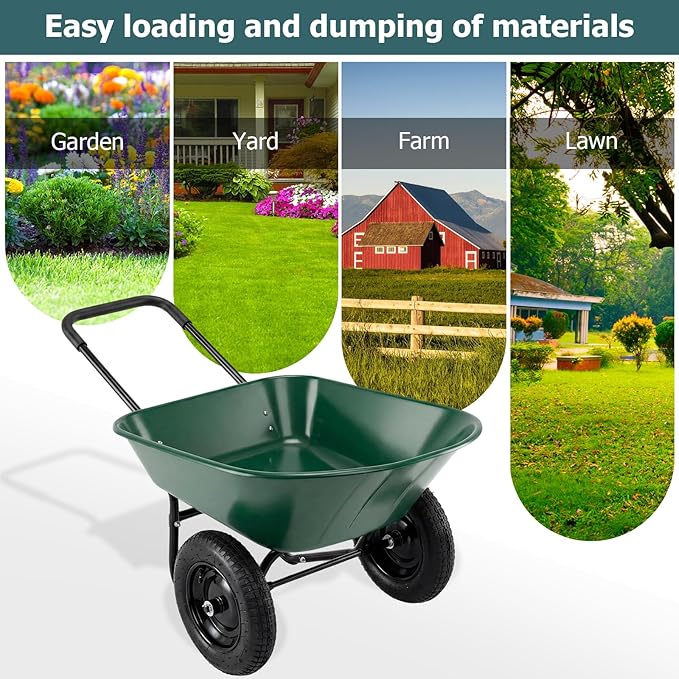 ERGOMASTER Dual-Wheel Wheelbarrow, Home Utility Garden Cart, 330 LBS Capacity, Large Heavy Duty Yard Cart for Gardening & Planting, Lawn, Farm, Construction Site, Green