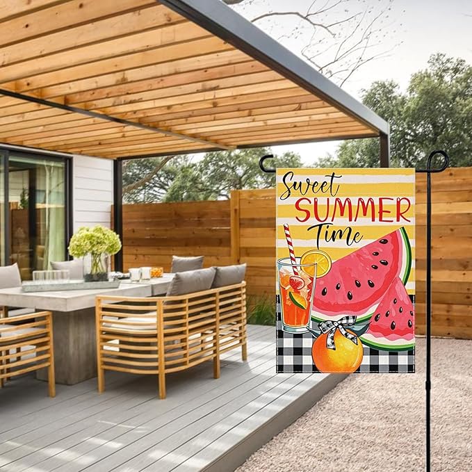 Sweet Summer Time Garden Flag Watermelon Buffalo Plaid 12x18 Inch Welcome Small Flags for Outside, Fruit Double Sided Burlap Juice Lemon Holiday Seasonal Banner Farmhouse Outdoor Yard Decoration