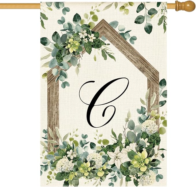 AVOIN colorlife Initial Letter C Monogram House Flag 28x40 Inch Double Sided Outside, Spring Floral Family Last Name Yard Decoration