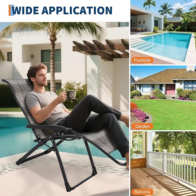 CuisinSmart 1 Pack Foldable Rattan Lounge Chairs, Patio Recliner Chair with Widened Armrest & Heavy Duty Wicker, Portable Patio Lounge Chair for Indoor, Poolside, Balcony, Backyard, Garden