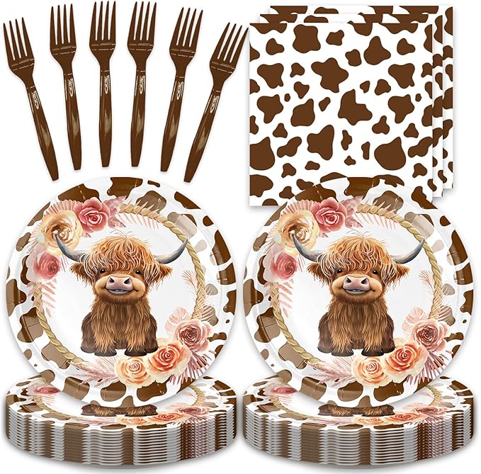 48Pcs Highland Cow Birthday Party Decorations Cute Cartoon Highland Cow Theme Party Plates Napkins and Forks or Baby Shower Supplies Set for 16 Guests
