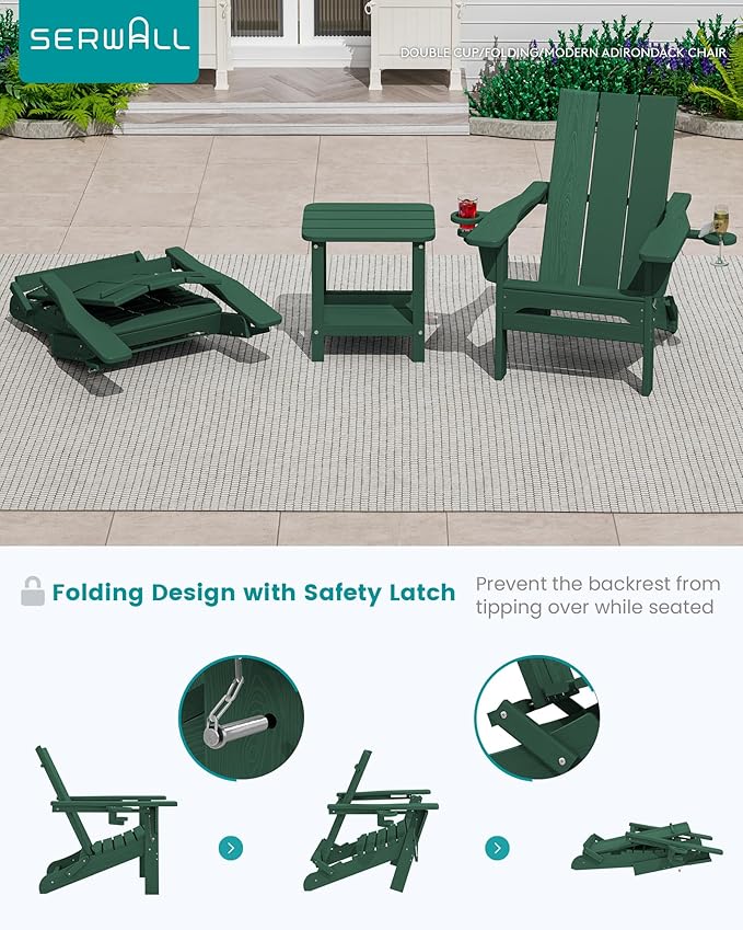 SERWALL Folding Adirondack Chair Set of 4 with Dual Cup Holders, Modern Adirondack Chairs, HDPE All-Weather Fire Pit Chairs for Outdoor, Patio, Garden, Green