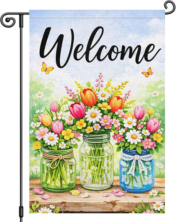 Heyfibro Spring Welcome Garden Flag 12x18 Inch Double Sided Butterfly Florals Garden Flag Small Yard Flags for Outside House Farmhouse Seasonal Spring Outdoor Decorations