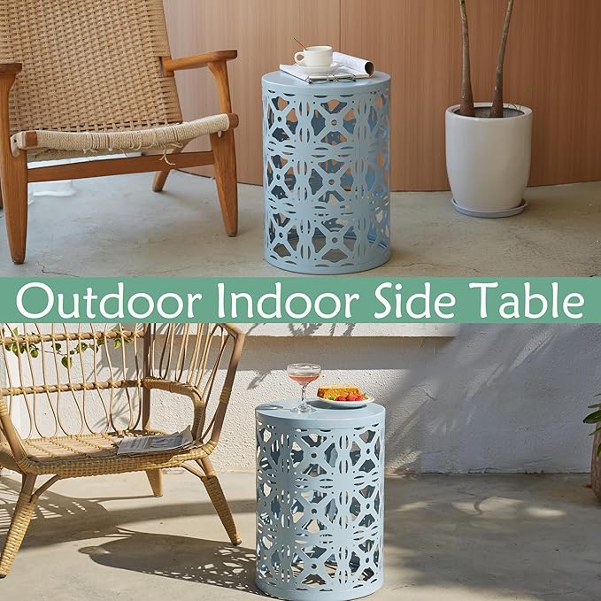 Y&M Set of 3 Stacking Coffee Table for Living Room, Patio Side Table,Indoor End Tables for Bedroom, Outdoor Decorative Garden Stool with Heavy Duty Metal Frame Modern Industrial Decor - Blue