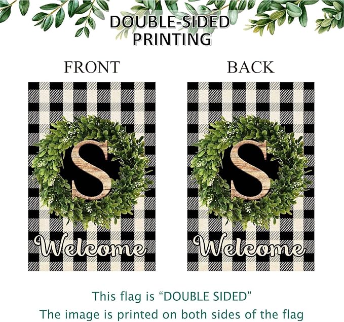 Baccessor Monogram Letter S Garden Flag 12.5 x 18 Inch, Buffalo Plaid Family Last Name Initial Boxwood Wreath Welcome Vertical Double Sided Small Flags for Outdoor Outside Decoration