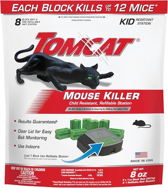 Tomcat Mouse Killer, Child Resistant, Refillable Station with 8 Bait Blocks | Tamper-Resistant Indoor Bait Station with Clear Monitoring Window, 1 Refillable Station with 8 Bait Blocks