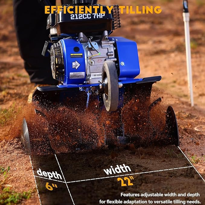 212cc 4-Cycle 7HP Gas Powered Tiller Cultivator - 22" Heavy-Duty Steel Tines Rototiller, Adjustable Wheels and Handle, Forward/Reverse for Plowing, Tilling, Weeding in Garden, Farm (Navy Blue)