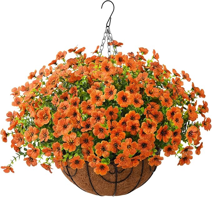 ZFProcess Artificial Faux Hanging Plants Flowers Basket for Fall Outdoor Decoration, Fake Silk Daisy in Planter Realistic UV Resistant Look Real for Porch Home Patio Balcony Yard(Orange)