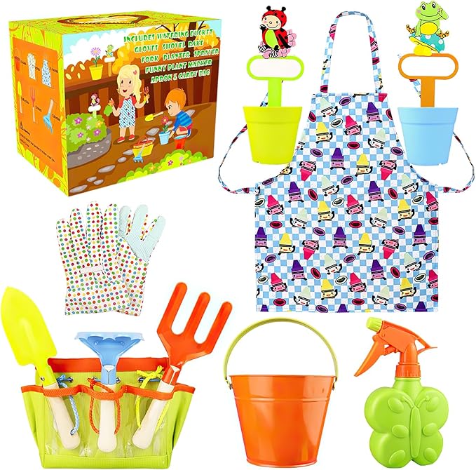 Kids Gardening Tools Kit Children Garden Toy Includes Tote Bag, Spade, Watering Bucket, Spray Bottle, Flower Pot, Apron, Rake, Plant Marker, Fork, Rake and Gloves