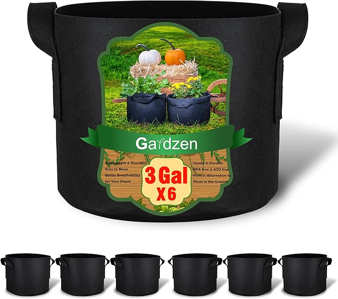 Gardzen 6-Pack 3 Gallon Grow Bags, 300G Thickened Nonwoven Fabric Pots with Handles, Heavy Duty Aeration Plant Bags for Gardening and Container Growing