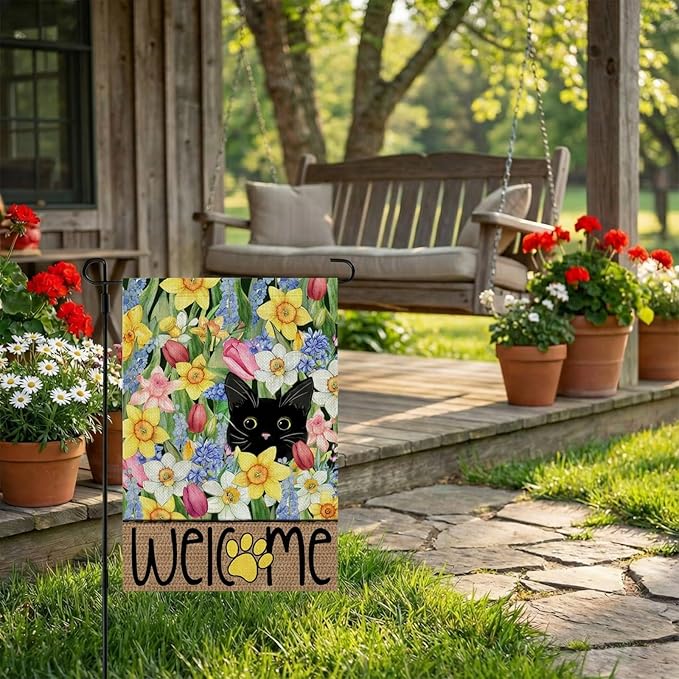 CROWNED BEAUTY Spring Garden Flag Black Cat 12x18 Inch Double Sided Small Seasonal Holiday Floral Decoration for Outdoor Lawn Yard