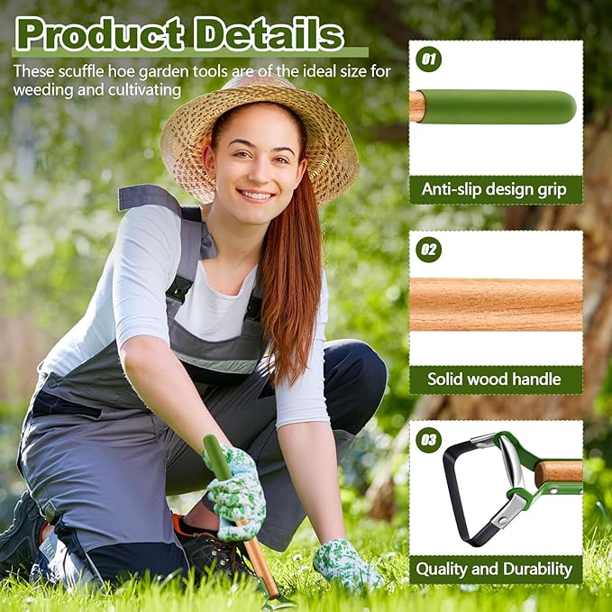 1 Pcs Mini Garden Hoes for Weeding Long Stirrup Hoe Tools Scuffle Garden Tool for Lawn Yard Weeding Gardening (Wood Handle)