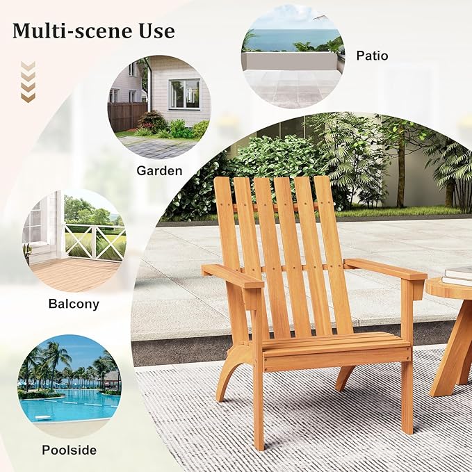 Tangkula Outdoor Adirondack Chair, Solid Acacia Wood Fire Pit Chair with Inclined Backrest, Curved Seat & Wide Armrests, Wooden Lawn Chair for Porch, Patio, Garden, Backyard, Deck (1, Natural)