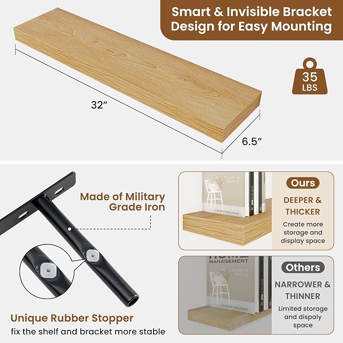 Floating Shelves for Wall, Wall Mounted Wood Shelves, Oak, Set of 2, 32in | Wood Floating Shelf with Invisible Brackets for Living Room, Bathroom, Bedroom, Kitchen, Hanging Shelf for Storage and Decor