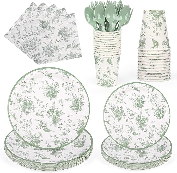 175Pcs Sage Green Floral Paper Plates and Napkins Sage White Flower Arrangements Toile Chinoiserie Party Supplies Set for Spring Summer Bridal Baby Shower Birthday Garden Tea Party