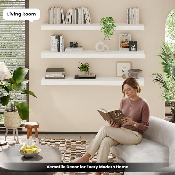 48 Inch Floating Shelves for Wall, Set of 3 | Wood Wall Mounted Shelves with Invisible Brackets, Rustic Farmhouse Long Shelf for Bedroom Living Room Kitchen (White)