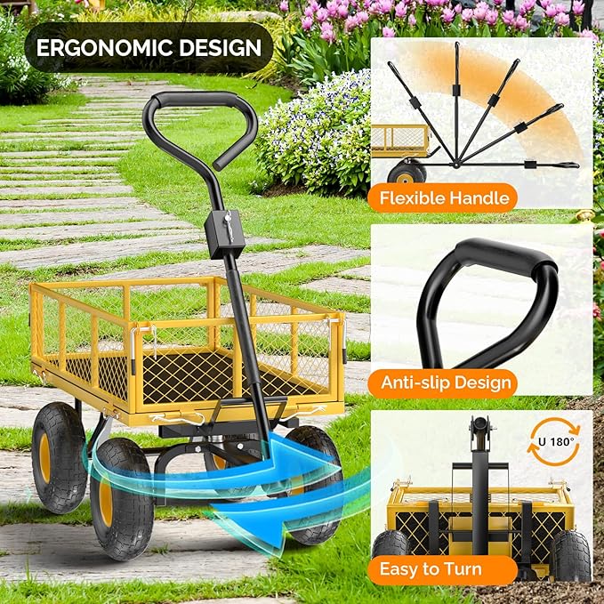 VINGLI Heavy Duty 900 LBS Mesh Steel Garden Cart, Dump Detachable Utility Wheelbarrow, Yard and Garden Wagon Cart with Removable Sides and 10 Inch Wheels(Yellow)