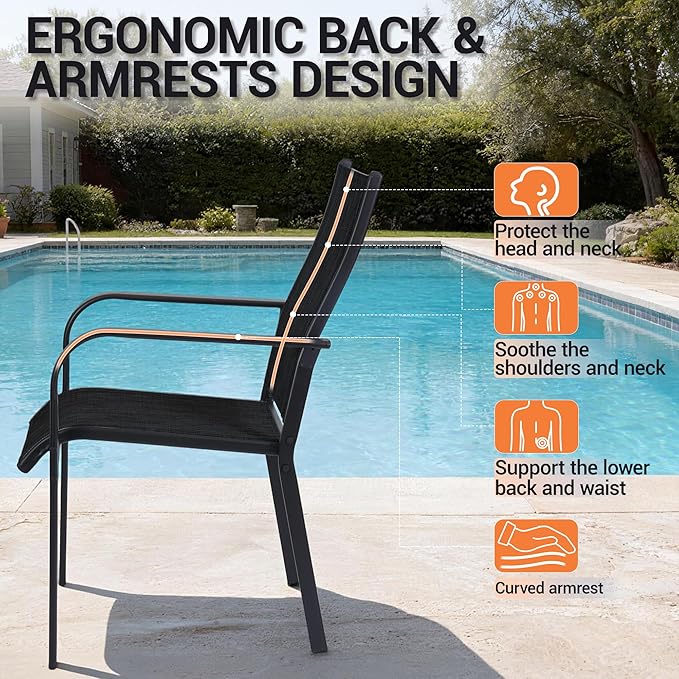Patio Chairs Set of 8, Outdoor Dining Chairs High Back, All-Weather Padded Textilene Chair for Lawn Porch Garden, Black