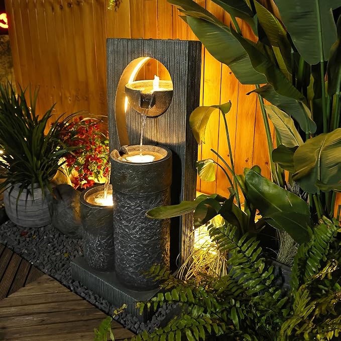 Tankana Outdoor Water Fountain Garden Waterfall - Large Zen Indoor Fountains Modern Freestanding Water Features with Lights and Pump for Patio Yard Deck Porch Pool Gray