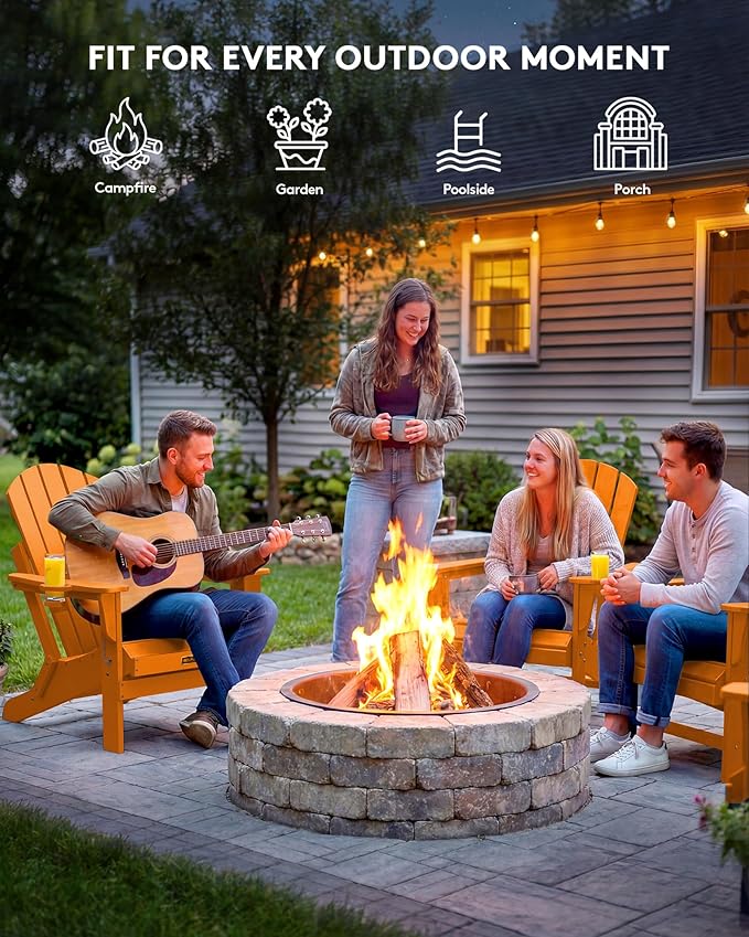 SERWALL Adirondack Chair Set of 6, Weather Resistant HIPS Lawn Chairs with Cup Holder for Patio Garden Weather Resistant Outdoors Fire Pit Chairs- Orange