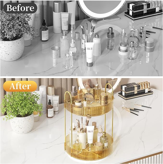 Rotating Makeup Organizer Countertop, 2 Tier, Gold