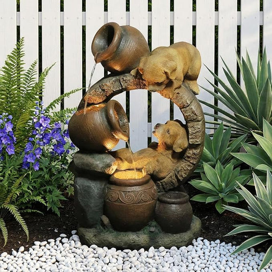 Sunlinua 29" H Dog Outdoor Water Fountain, Decorative Resin Water Fountain with LED Lights, Garden Puppy Waterfall Fountains Indoor and Outdoor for Patio, Porch, Courtyard, Home Decor