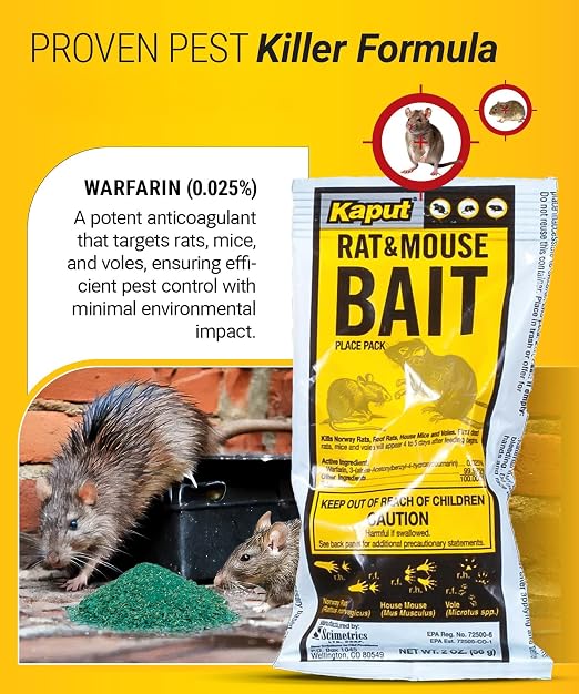 Kaput Rat & Mouse Bait- Effective Warfarin Formula for Rodent Control - Low Toxicity Rat Bait - Indoor & Near-Building Use, 32 Packets, 2 oz Each