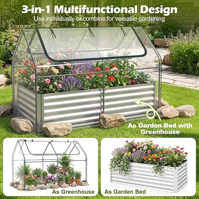 S AFSTAR 3-in-1 Raised Garden Bed with Greenhouse Cover, 6FT x 3FT x 4FT Galvanized Bottomless Planter Box Kit with Dual Roll-Up Screen Windows, Outdoor Mini Greenhouse for Vegetables (Silver & Clear)