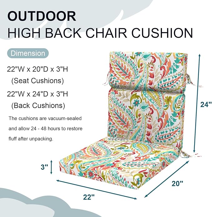 DYTXIII Outdoor High Back Chair Cushions Set of 2, 44"x22" Water Repellent Patio Seat Cushions with Elastic Sponge, All Weather Chair Pads for Rocking, Dining Chairs, Patio Furniture - Pretty Paisley