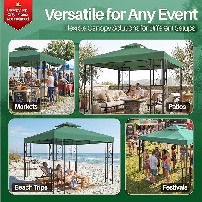 Flexzion Gazebo Cover Replacement Canopy Top 10x10 Ft (3m x 3m) - Double Tier Top Canopy Cover Replacement with UV30+, Dirt, Water Resistant for Outdoor, Sunshade, Garden, Patio, Pavilion (Green)