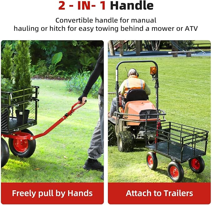 GarveeHome 1400Lbs Heavy Duty Steel Garden Cart, Garden Wagon Cart on Wheels, Metal Yard Utility Wagon with Removable Mesh Sides, 2-in-1 180° Rotating Handle and 16 Inch Wheels for Garden, Farm, Yard